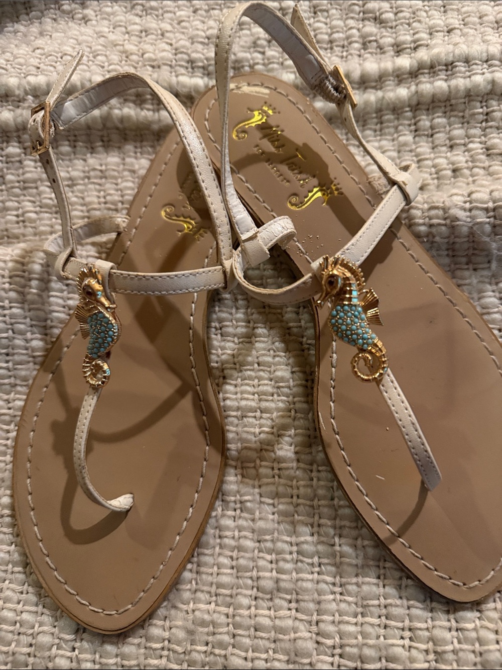 Seahorse-Embellished Cream T-Strap Sandals